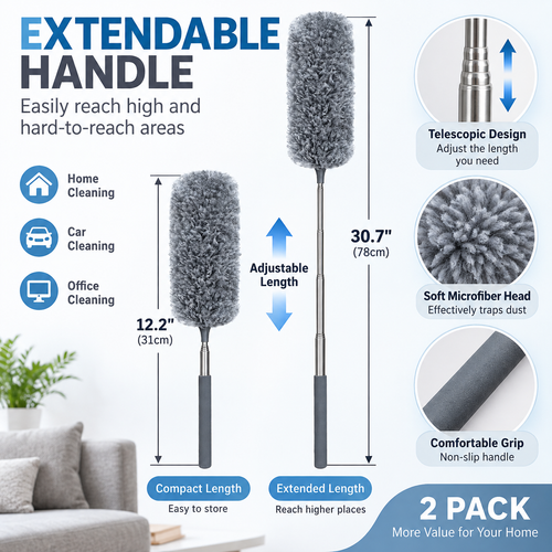 Microfiber Duster with Extendable Handle – Washable Feather Duster for Home, Office & Car Cleaning